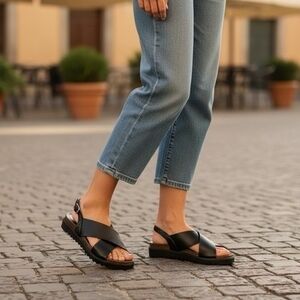 Italico Black Leather Open Toe Platform Sandals Size 38 7.5 Made Italy